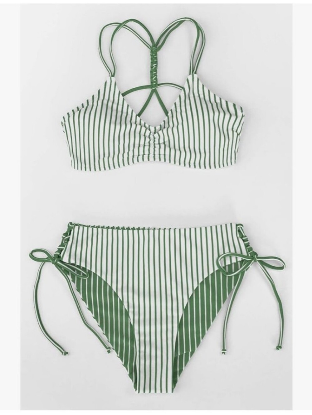 Cupshe Green and White Stripe Side-tie,Braided Bikini With Reversible Bottom